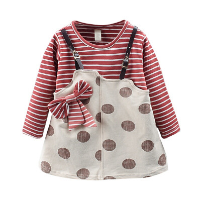 

Polka Dot Print Girls Dress Autumn Kids Sundress With Bowknot Casual Baby Girls Striped Long Sleeve Fake 2 Piece Dress