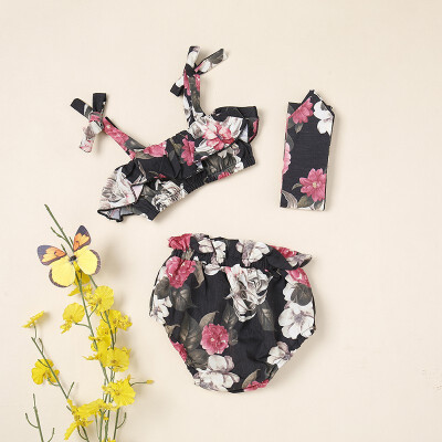 

Summer baby girl clothes print set flower ruffled sling top pp pants hair band 3pcs for 0-24M