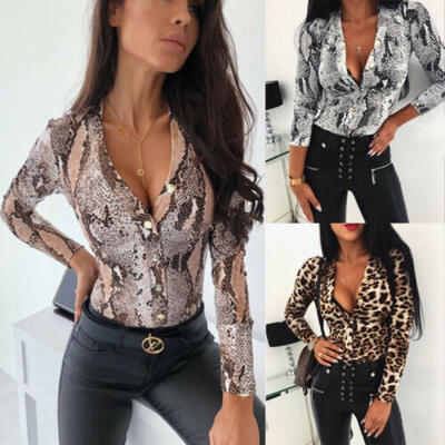 

US Womens Leopard Long Sleeve V Neck Bodysuit Leotard Jumpsuit Ladies Tops Shirt