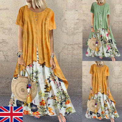 

UK Women Boho Beach Kaftan Dress Holiday Short Sleeve Long Maxi Dress Plus Size