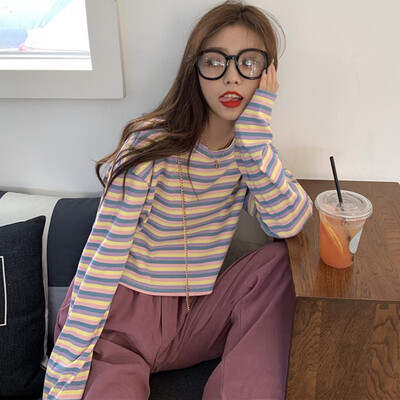 

Harajuku Korean Sweet T-shirt Long Sleeve Striped Friends Kawaii Autumn Winter Women Casual Basic Stranger Things