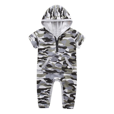 

Summer Baby Boy Cotton Jumpsuit Short-Sleeved Fashion Camouflage Hooded Harem Print Cotton Comfortable Children Clothes