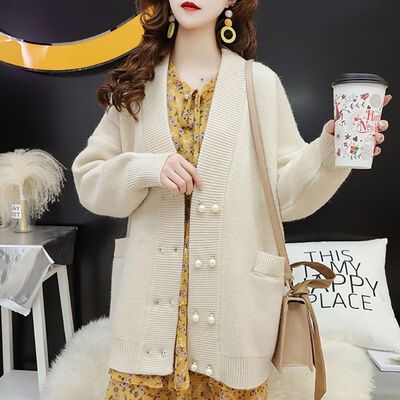 

White Sweater Women Korean Style Double-breasted Solid Long Sweet Sweater Cardigan Loose Casual V-neck Female Knit Cardigan