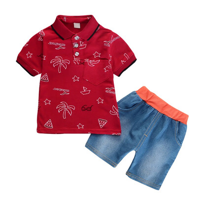 

Childrens Cute Leaf Glasses Print Lapel ShortT-shirt TopsDenim Shorts 2PCS Outfits Kids Suits Sleeve Shorts Suit