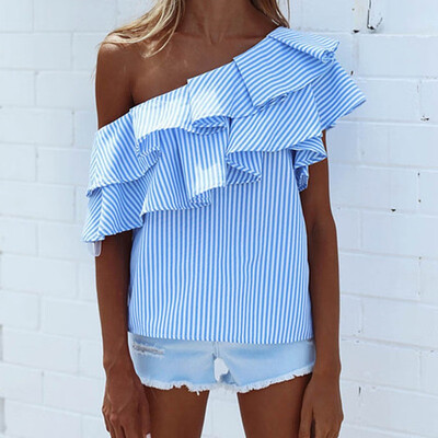 

Women Sweet Loose Off-The-Shoulder Backless Irregular Ruffled Striped Blouse Sexy Strapless Blouse