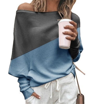 

Spring Autumn Women Sexy Color Block Off Shoulder Loose Long Sleeve T-Shirt Top