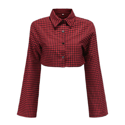 

Fashion Women Tops Plaid Short Blouses Female Casual Long Sleeve Button Loose Shirt Top blusas mujer de moda