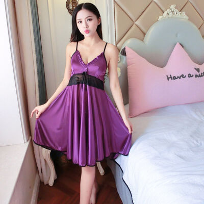 

Women Sexy Summer Sling Nightdress Chemise Lingerie Lace Ice Silk Long Home Clothing