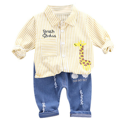 

Children clothes 2pcs Autumn Baby Boys clothes Casual Long Sleeve Striped Cartoon Print Shirt TopsCartoon Denim Pants Trouser