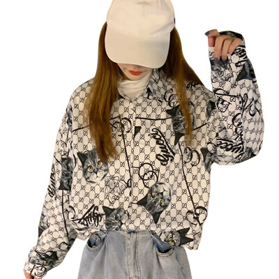 

Women Tops&Blouses Hong Kong Style Loose Print Casual Blouse Long Sleeve Femme White Shirt