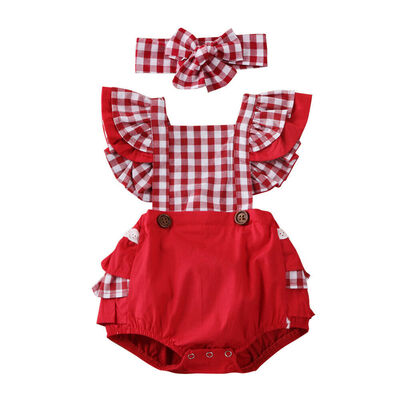 

Infant Baby Girl Clothes Backless Ruffle Plaids Romper Jumpsuit Headband Outfit