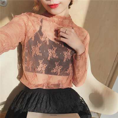 

Summer Women Lace Floral Embroidery Blouses Shirt Ladies Tops Sexy Mesh Blouses Transparent Elegant See-through Black Shirt