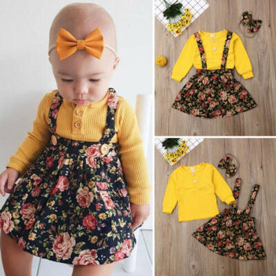 

UK Toddler Kids Baby Girls Tops Floral Suspender Skirt Dress Outfits Set Clothes
