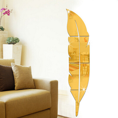 

Home Decoration Accessories 73X18CM DIY Modern Feather Acrylic Mirror Wall Stickers Room Decoration Silver Bedroom Home Decor