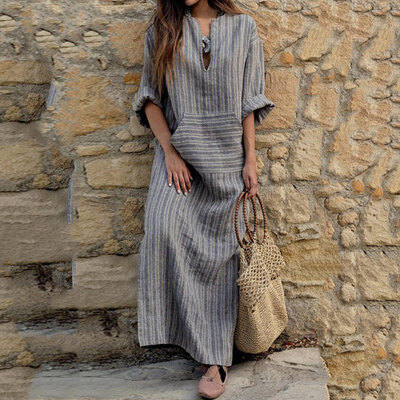 

Women Striped Dress Sexy V-Neck Long Sleeve Maxi Long Dresses Vintage Casual Loose Dress Vestidos Big Size