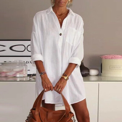 

Tailored Womens Solid Long Sleeve Button V Neck Loose Long Shirt Pullover Tops Blouse