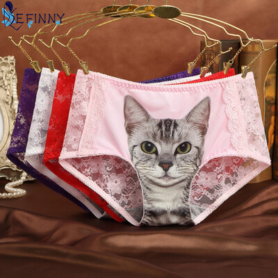 

Hot Sale Sexy Women Briefs Cool Seamless Health Hygiene Skin Care 3D Cat Print Panties Lace Super Transparent Girl Lingerie