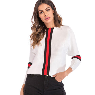 

Sweater 2018 Autumn Sexy Slash Neck Spell Color Striped Top Women Pullovers Casual Long Batwing Sleeve Knitted Sweater Tops