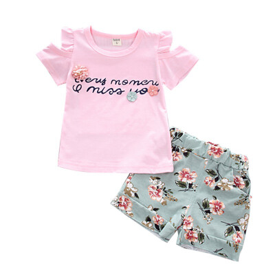 

Children Girls Casual Summer Letter Print Short Sleeve T-shirtFloral Shorts Suits 2Pcs Costume Set