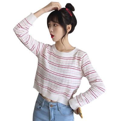 

Casual Striped Knitting T Shirt Women Long Sleeve Road Navel O Neck Top Tops Short T-shirt