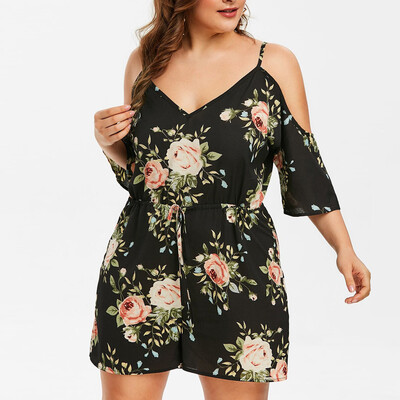 

Gobestart Fashion Womens Plus Size Floral Cold Shoulder Jumpsuit Bodysuit V-Neck Romper
