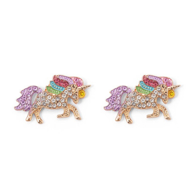 

Silver Plated Glitter Rhinestone Unicorn Ear Studs Rainbow Color Crystal Earrings For Women Kids Lucky Jewelry