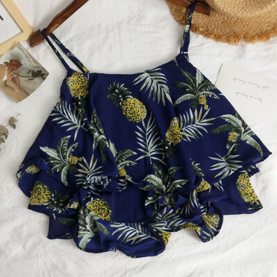 

Women Chiffon Shirt Sexy V Neck Pineapple Print Casual Sleeveless Blouse Women Summer Tops Fashion blusas mujer de moda 2019