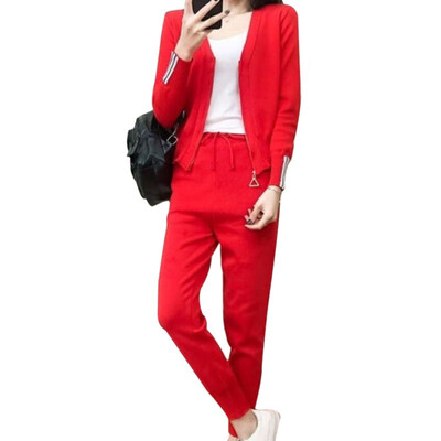 

Fashion Korean Style Tracksuit Women Long Sleeve Sweet Cardigan Ankle-Length Pants Suit 2 Pieces Set female clothes