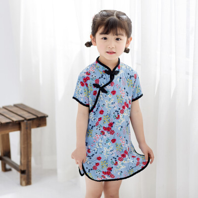 

Baby Summer Girls Round Neck Cotton Print Princess Cute Sweet Short Sleeve Cheongsam Princess Dress