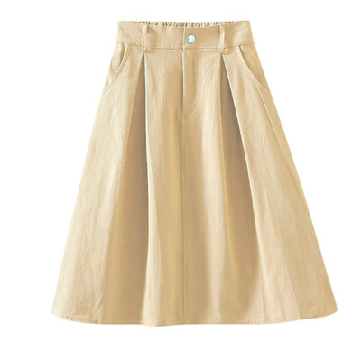 

New Japan Style Pocket buttons Washed Cotton Pleated Skirt Women ladies elastic Waist chic casual Knee-Length Female skirt