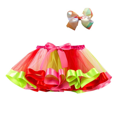 

2Pcs Baby Girls Summer Mesh Rainbow Color Matching High Waist Skirt Kid Girls Short Pleated Sweet SkirtHairband Cute 2-7y