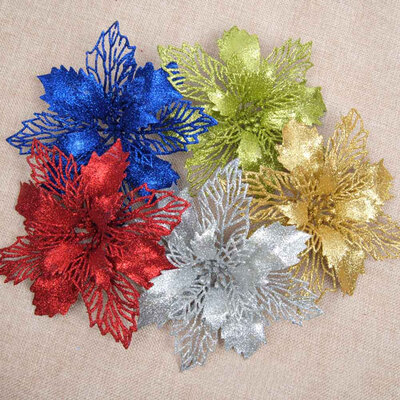 

5PC Christmas Glitter Hollow Flower Plastic Simulation Artificial Flowers Xmas Tree Ornaments Wedding Valentines Day New Year
