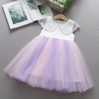 

Children Summer Girls Chiffon Cute Rainbow Print Mesh Stitching Bottoming Short Sleeved Sweet Princess Dress
