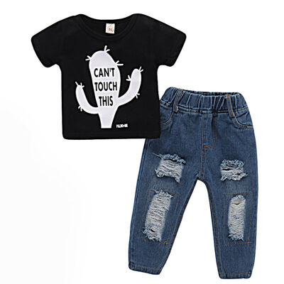 

2018 Summer Boys Clothes Set Casual Cactus Letter Print T-shirtHoles Jeans Kid Clothes Suit Hot Child Clothing