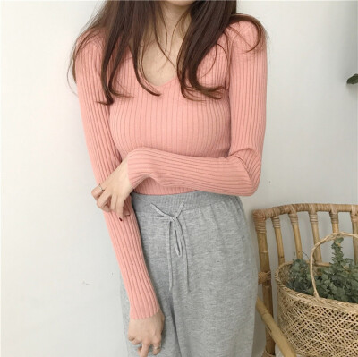 

Tailored Women V-Neck Solid Long Sleeve Solid Knitt Sweater Pullover Top