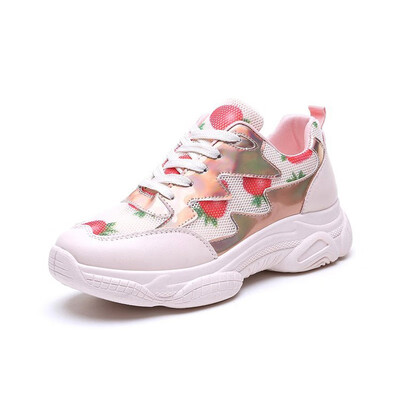 

2019 womens shoes leather wedge high heel round head fruit printing platform lace spring&summer womens sports shoes