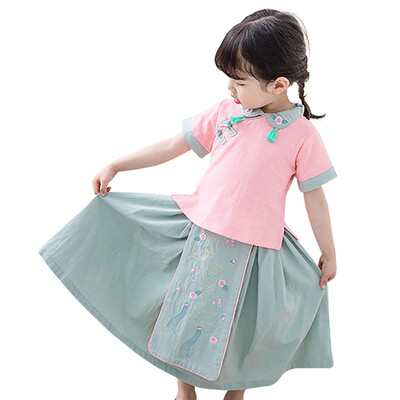 

Summer Baby Girl Vintage Flower Embroidery Short Sleeve Cotton T-shirt Blouse Skirts Casual Outfits Set