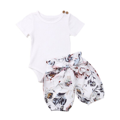 

Newborn Baby Girl Clothes Set Ruffled Sleeve Solid Color Tee Jumpsuit Floral Print Bowtie Short Set unicorn romper clothes set