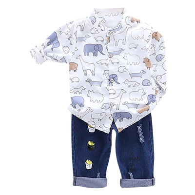 

Autumn Children Baby Boys Casual Long Sleeve Cartoon Animal Pattern Shirt TopsDenim Pants Set
