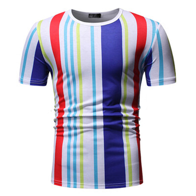 

Toponeto Mens Striped Splicing Pattern Casual Fashion Lapel Short Sleeve Shirt