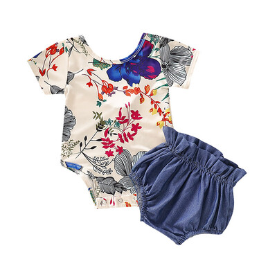 

Summer Baby Girl Casual Short Sleeve Floral Print Tops Romper With Denim PP Shorts Outfits Set