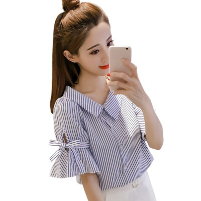 

Liva girl Korean style striped irregular V-neck Flare sleeve short-sleeved shirt&Blouse Women Turn-down Collar Blouse