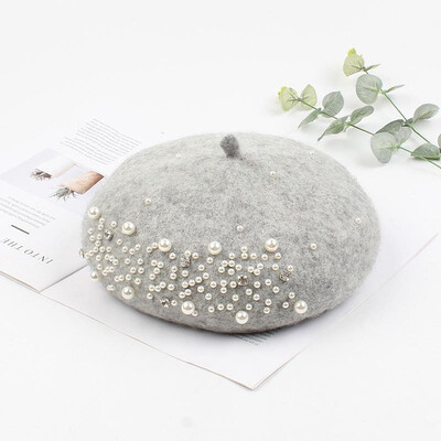 

Vintage Women Beret Hat Wool Beading Rhinestone Faux Pearl Adjustable Autumn Winter Sweet Pumpkin Hat