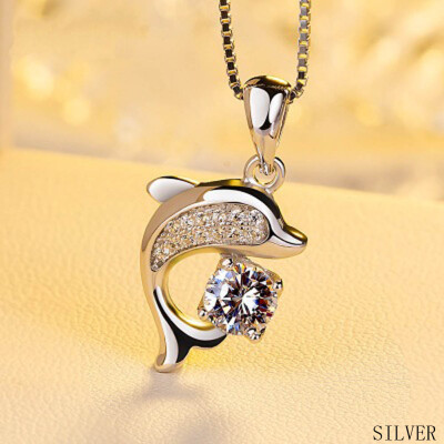 

Cute 925 Silver Double Dolphin Rhinestone Short Chain Pendant Necklace Jewelry