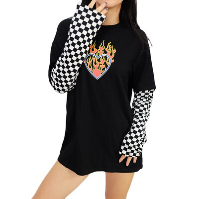 

Fashion Women Streetwear Burning Flame Printting Plaid Checkerboard Pattern Sleeves Loose T-Shirt Long Sleeve Femme Tops Tee