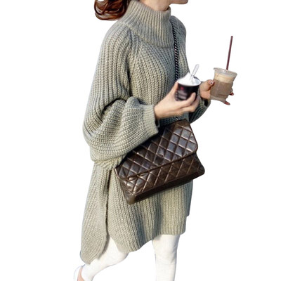

Autumn Winter Long Sleeve Turtleneck Sweater Women Solid Lantern Sleeve Side Slit Sweaters Loose Long Sweaters Pullovers