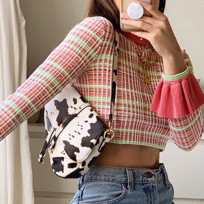 

Autumn Pink Plaid Flare Sleeve Crop Tops Women O-neck Belly T-shirt Long Sleeve Skinny Streetwear T-shirt