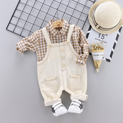 

Spring Autumn Casual Fashion Baby Boy Plaid Long Sleeve Shirt And Suspender Trousers Set