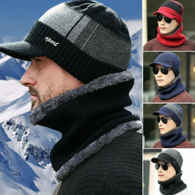 

US STOCK Men Winter Warm Hat Knit Visor Beanie Fleece Lined Beanie with Brim Cap