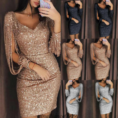 

Sexy Women Bodycon Bling Sequin Tassels Evening Party Club Cocktail Gown Dresses